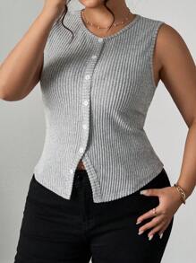 Elenzga Plus Size Ribbed Design Slim Fit Camisole & Tank Top Set - Grey - View 6