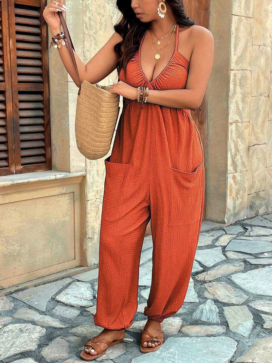 Breezaya Mono con cuello en V de tela texturizada, con bolsillos y perneras con puños, talla grande, adecuado para uso casual, en casa, viajes y vacaciones - Naranja - Ver 1