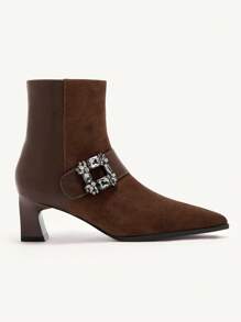 CUCCOO CHICEST Brown Rhinestone-Buckle Pointed Toe Chunky Heel Women Ankle Boots, Fashion Valentine's Day - Brown - View 1