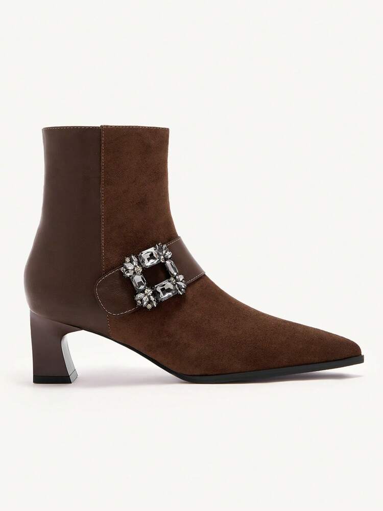 CUCCOO CHICEST Brown Rhinestone-Buckle Pointed Toe Chunky Heel Women Ankle Boots, Fashion Valentine's Day