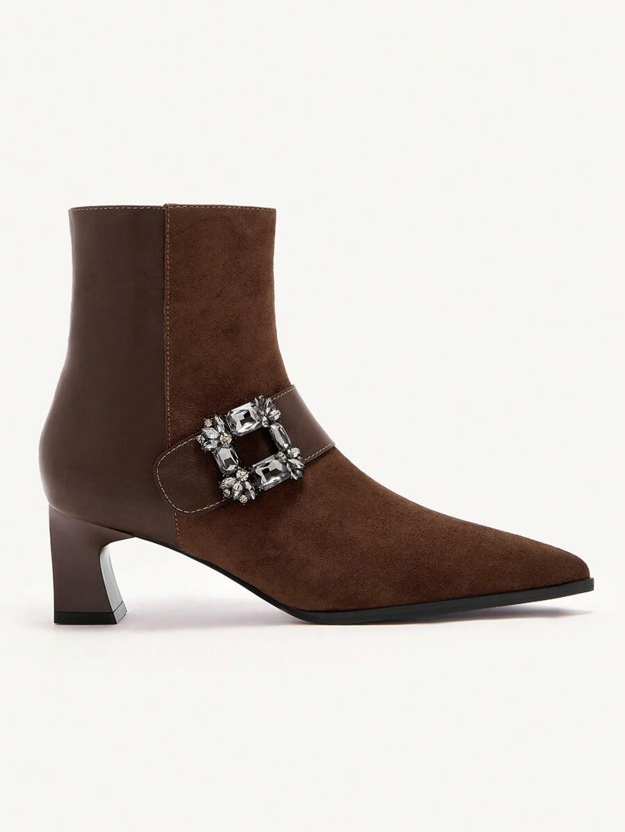 CUCCOO CHICEST Brown Rhinestone-Buckle Pointed Toe Chunky Heel Women Ankle Boots, Fashion Valentine's Day - Brown - View 1