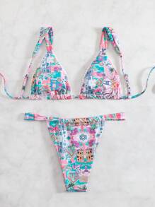 Swim Mod Conjunto de bikini con estampado todo sobre de mujer, para vacaciones de verano