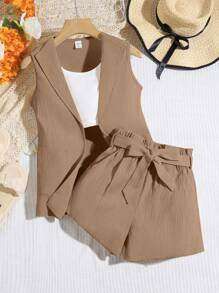 SHEIN Genkimix Kids 1 Set Girls'' Sleeveless Vest Jacket, Bow Belted Shorts, Casual Fashionable Daily Outfit (2 Sets Sold Separately) - Coffee Brown - View 1