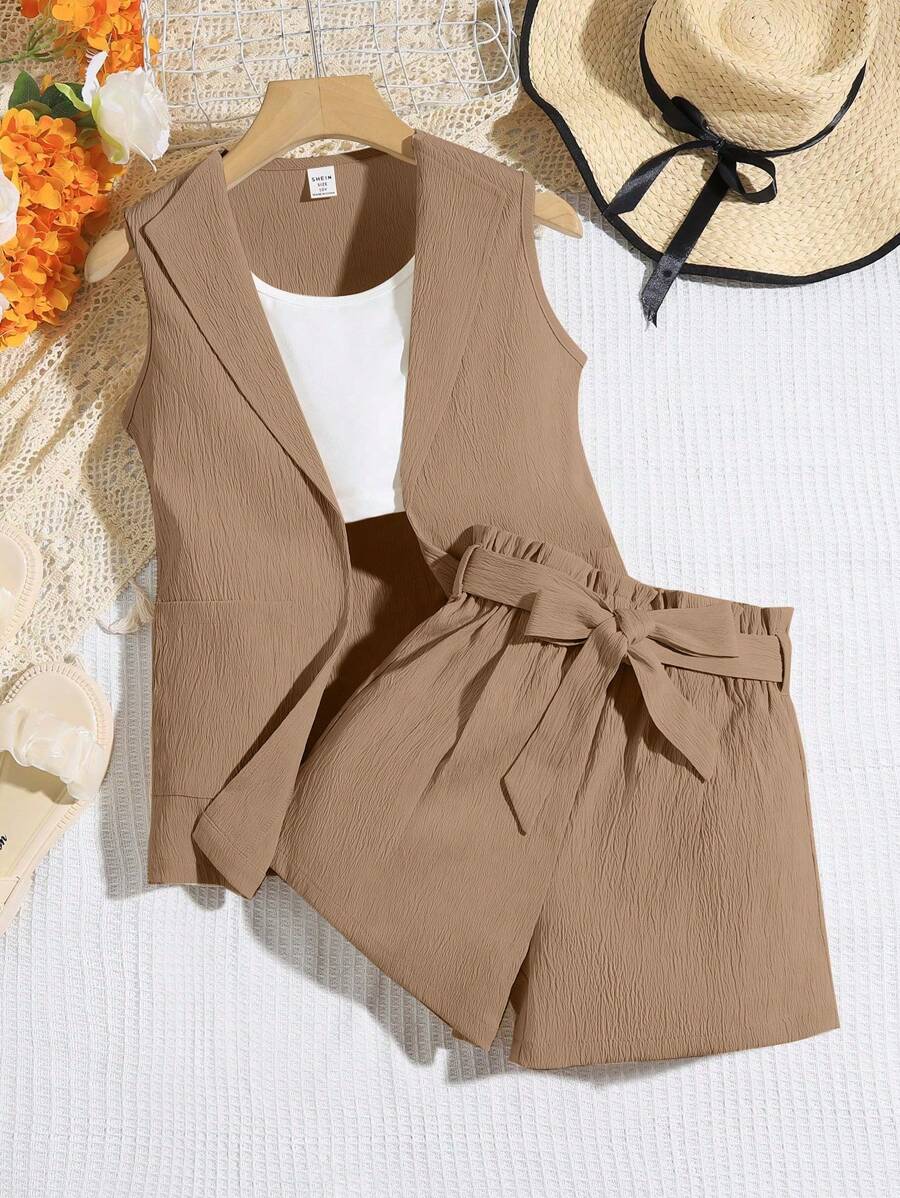 SHEIN Genkimix Kids 1 Set Girls'' Sleeveless Vest Jacket, Bow Belted Shorts, Casual Fashionable Daily Outfit (2 Sets Sold Separately) - Coffee Brown - View 1