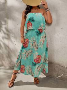 SHEIN LUNE Plus Size Floral Print Ruffle Hem Dress, Vacation Vibe - Green - View 3