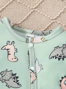 新生儿米色恐龙印花长袖连体衣套装（含帽子和手套），舒适家居服 - 綠色 - 查看 4