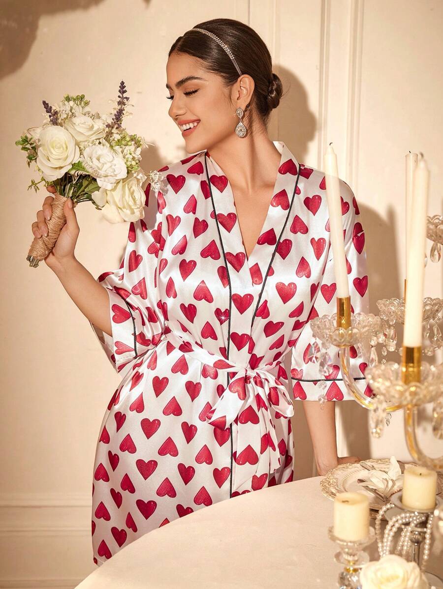 SHEIN Thắt lưng satin in hình trái tim cho nữ thanh lịch - Đỏ - Xem 1
