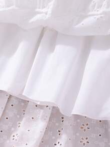 Tween Girls White Hollow-Out Ruffled Hem Strap Vacation Comfortable Dress, Spring/Summer - White - View 5