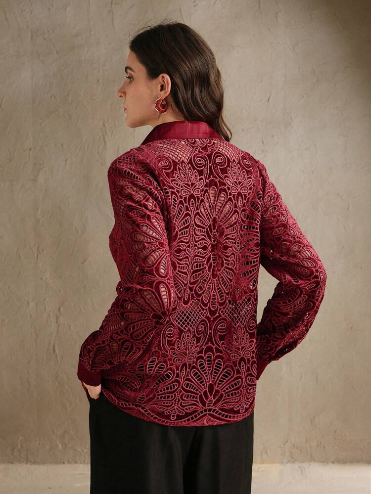 Women's Fashion Velvet Embroidered Hollow Blouse, Spring & Autumn Women Shirt