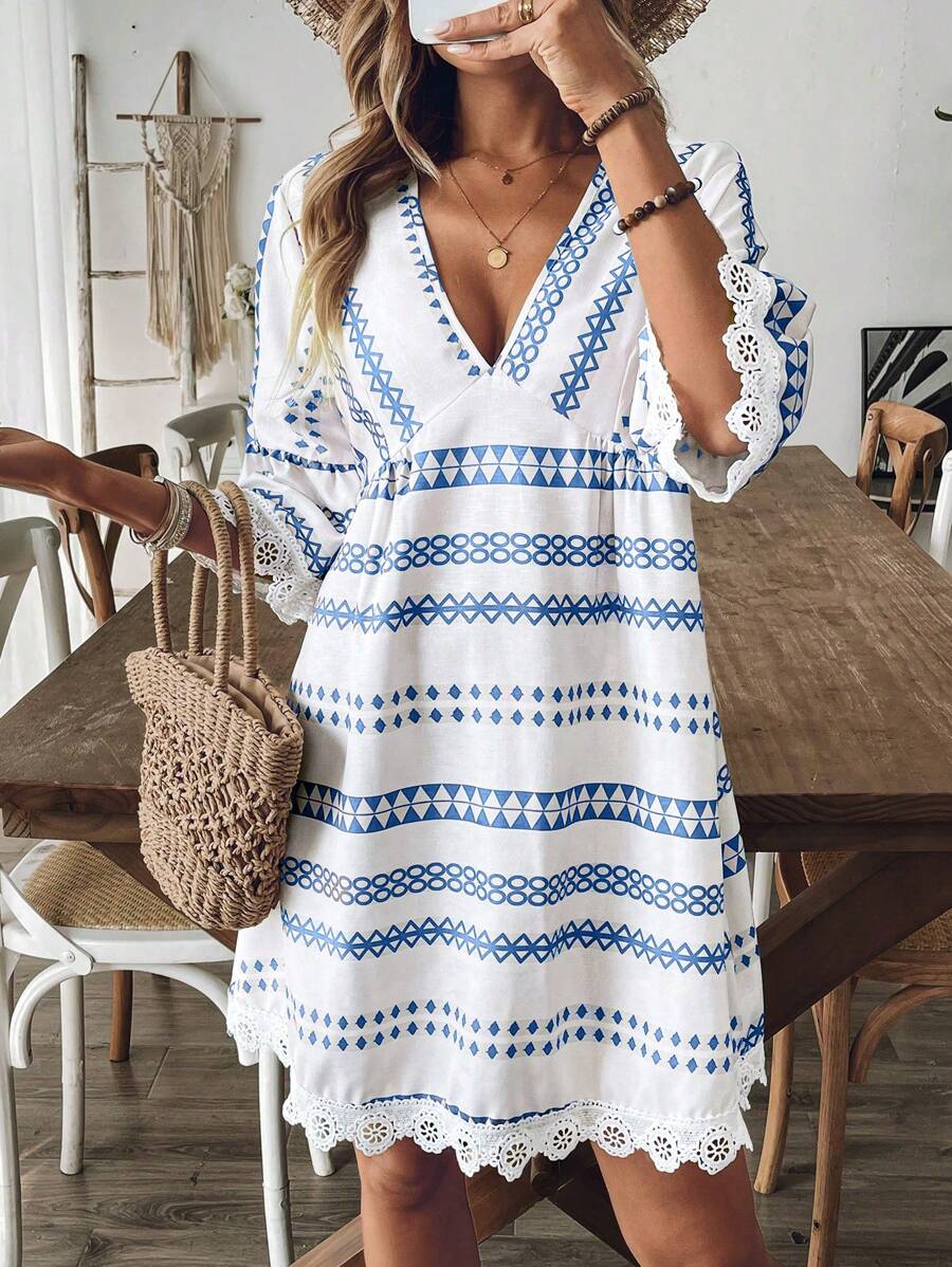 Breezaya Women Striped V-Neck Geometric Pattern Sexy Casual Vacation Khaki Long Sleeve Dress, Elegant For Party - Blue - View 1