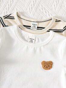 SHEIN 4件套男童/女童夏季韩版休闲可爱卡通图案条纹短袖T恤和松紧腰工装短裤套装 - 白色 - 查看 5