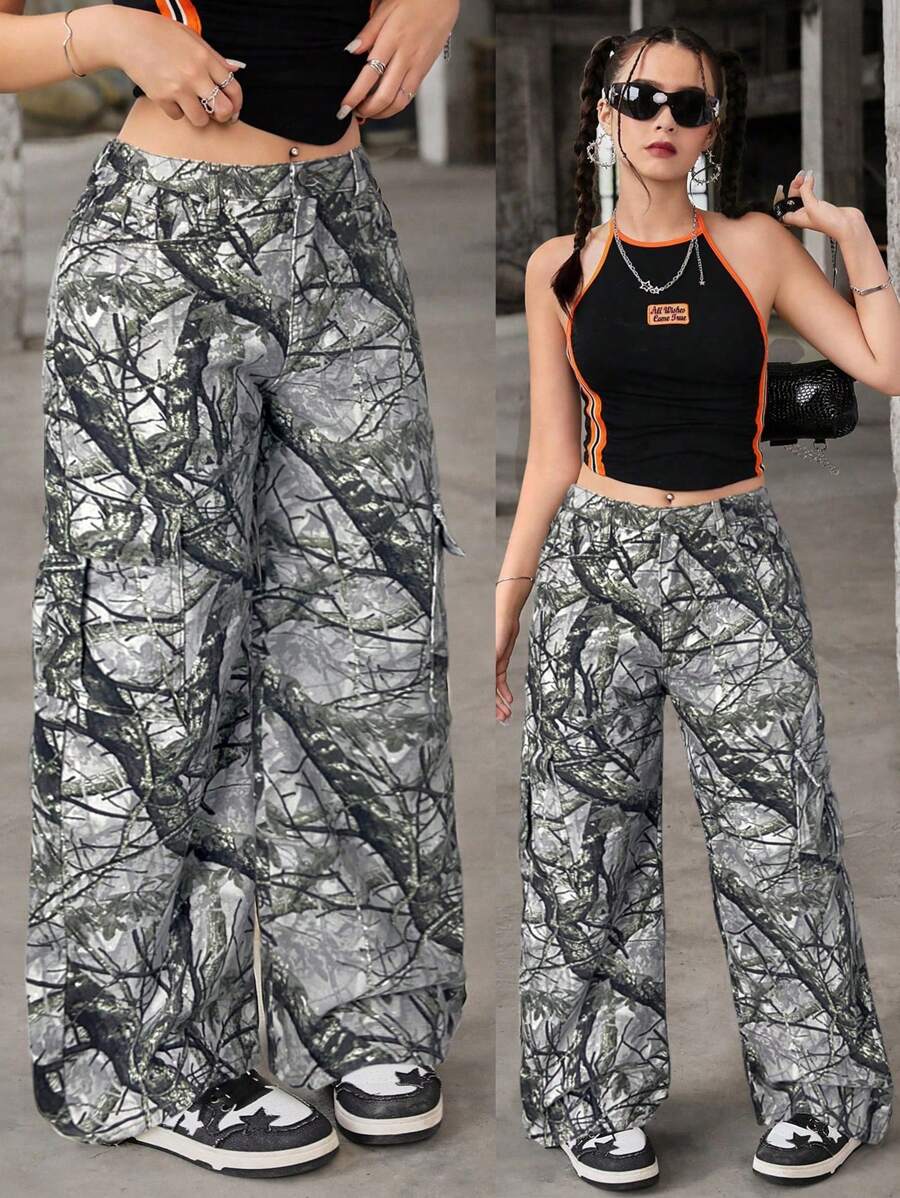 SHEIN Teen Girls' Twig Pattern Wide Leg Loose Casual Versatile Jeans - Multicolor - View 1