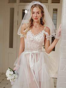 2pcs Set: Lace Patchwork Dress + Panties, Romantic Floral Print Sleepwear For Women, Suitable For Wedding - White - View 6