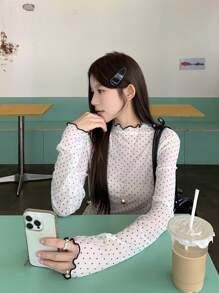 DAZY Plus Size Women's Casual Korean Style Polka Dot Long Sleeve T-Shirt, Summer Preppy Tops,Fall Women Clothes