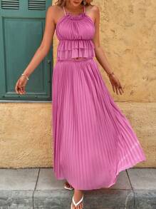 SHEIN VCAY 2pcs/Set Women Vacation Casual Solid Backless Halter Top And Pleated A-Line Skirt, Vacation, Vacation Outfits Woman, Summer Outfits For Women, Two Pieces Set Women - Hot Pink - View 2