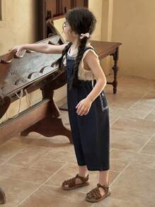 DAZY 少女单排扣阔腿宽松休闲牛仔连体裤，女童夏季服装 - 深色水洗藍 - 查看 2