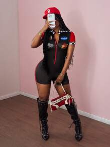 Slaydiva 2025 Summer New Streetwear Rockstar Outfit - Red & Black Contrast Motorcycle Graphic Zip Collar Short Sleeve Jumpsuit, Suitable For Music Festivals, Easter, Nightclub, Racing, Party, Daily Wear, Prom - A