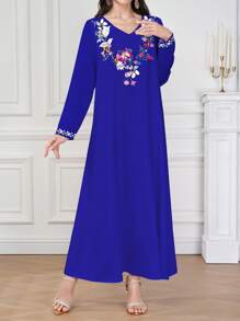 Al Najma Vestido feminino com decote em V, manga longa, elegante e confortável, estampa floral, decote delicado, design com padrão floral, poliéster, adequado para casa, passeios, feriados, festas, vestuário feminino, primavera, vestido feminino primavera/verão, vestido estampado feminino, vestido feminino - Azul - Ver 6