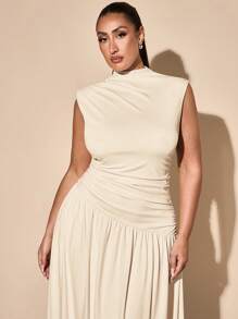 SHEIN BAE 大码女式优雅无袖褶皱连衣裙，春夏无袖高领纯白色不对称褶皱超长连衣裙，适合秋冬季作为汗衫、法式连衣裙、晚礼服、生日礼服、伴娘礼服、简约日常优雅连衣裙