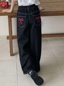 Hapijoa Girls Bow Embroidered Denim Jeans, Spring/Summer,Back To School Clothes