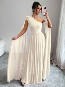 Rafferiza 红色蓬松荷叶边网眼礼服，奢华超长袖派对礼服，适合情人节穿着 - 杏色 - 查看 3