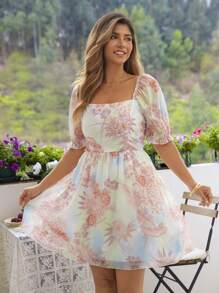 KURAYIA Plus Size Women's Puff Sleeve Square Neck Digital Print Dress - Pink - View 9
