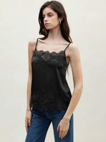SHEIN BIZwear 女士蕾丝领装饰吊带背心，现代优雅都市通勤日常百搭浪漫90年代复古风，适合圣诞节、新年、情人节、派对、海滩、毕业典礼、时尚、嘉年华、假日、婚礼宾客、早午餐、机场等多种场合。 - 黑色 - 查看 6
