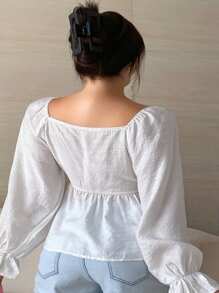 Dazy Plus Plus Size Off-Shoulder White Long Sleeve Blouse Top With Flared Sleeve And Waist Cinching, Spring/Summer/Autumn, Ruffle - White - View 2