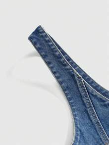 ROMWE Grunge Punk Atasan Crop Denim Seksi Gaya Y2K dengan Blok Warna dan Tali Pengikat - Biru - View 3
