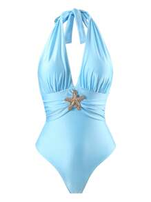 Swim Oasis 女士优雅浅蓝色闪亮面料海星装饰连体泳衣和沙滩裙，夏季 - 淺藍色 - 查看 3