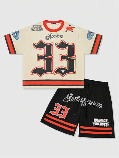 Prep طقم قمصان تي-شيرت بطبعات للرجال بتصميم فضفاض ، بطراز شوارع راقي