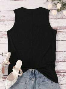 SHEIN LUNE Tank Top Motif Kasual Musim Panas Ukuran Besar - Hitam - View 2