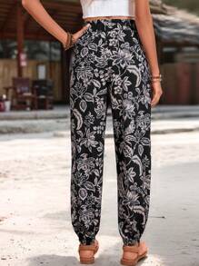 Breezaya Women's Tropical Plant Print Elastic Waist Pocket Ankle Length Pants, Spring/Summer Fall Cloth For Women - Black - View 2