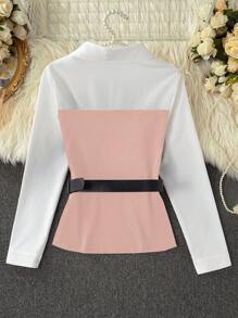 Franclia Áo sơ mi dài tay có cổ màu tương phản thường ngày dành cho nữ 2 trong 1 - Màu Hồng baby - Xem 2