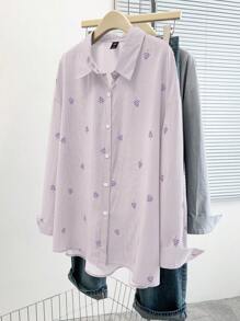 SHEIN LUNE 优雅通勤休闲条纹印花女士衬衫领长袖衬衫，黑色和白色，加大码，适合春夏秋季 - 淡紫色 - 查看 1