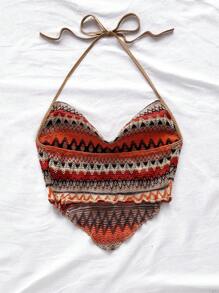 Soleia Geo Print Tie Backless Hanky Hem Halter Top
