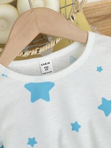 2 Stücke/Set Kleine Mädchen Weich Glatt Baumwolle Strick Stern Mond Muster Weiß Rundhals Lang Ärmel Hose Pyjama Set, Geschwister Kombination