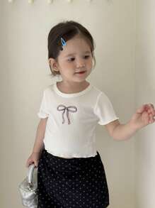 Baby Girl/Infant Casual Bow Knitted Short Sleeve Cropped Tee Shirt, Spring/Summer - White - View 7