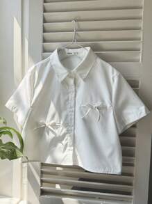Teen Girl Loose Casual Minimalist Comfy Tie Neck Bow Decor Short Sleeve Blouse - White - View 4