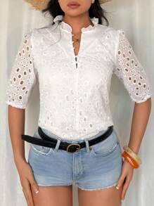 Chiquease Áo cánh tay bồng thêu hoa cháy cổ chữ V cho nữ, cài nút phía trước - trắng - Xem 4