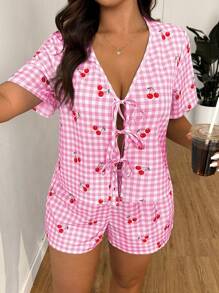 SHEIN EZwear Plus Size Spring/Summer Cherry Fruit & Blue Plaid Print Sweet Shirt & Shorts 2 Pieces Set - Baby Pink - View 3