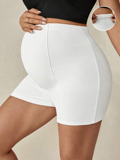 SHEIN Maternity Casual White Mini Shorts: Comfortable Knitted Fabric Ruched Design For Everyday Wear
