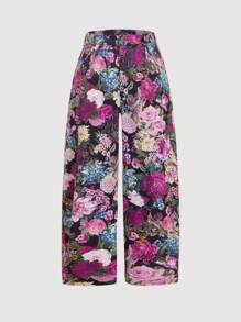 SHEIN MOD 大码女式优雅花卉印花高腰阔腿裤 - 中紫紅色 - 查看 1