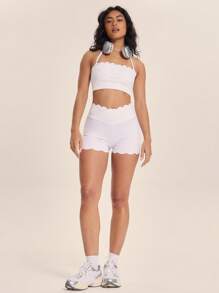 Musera Sport 交叉腰带荷叶边装饰热裤，适合运动、健身、健身房、板式网球、网球、匹克球等夏季运动。 - 白色 - 查看 1