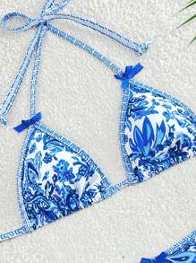 SHEIN Women's Bohemian Print Lace-Up Triangle Bikini Set, Suitable For Beach & Resort Vacation For Summer - Blue - View 3