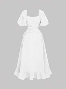 SHEIN MOD Women's Romantic French Style White Puff Sleeve Midi Dress