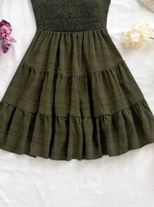 Soleia 女性夏季純色綁頸褶邊休閒坦克裙 - 軍綠色 - 查看 7