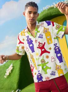 Teletubbies X SHEIN 男士夏季休闲卡通印花前扣短袖衬衫 - 白色 - 查看 3