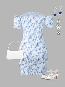 Vestido mini con hombros descubiertos y volantes con estampado floral diminuto para mujer, (Conjunto a juego para mamá e hija se vende por separado) - Multicolor - Ver 2