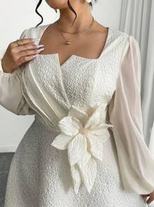 Modelyn Plus Size Apricot Textured Three-Dimensional Floral Square Neck Waist Fitted A-Line Dress Fall Cloth For Women - Beige - View 1